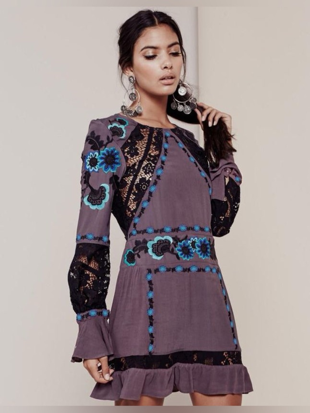 NWT For Love& Lemons Cecelia Purple Floral-Detail Long Sleeve Mini Dress small